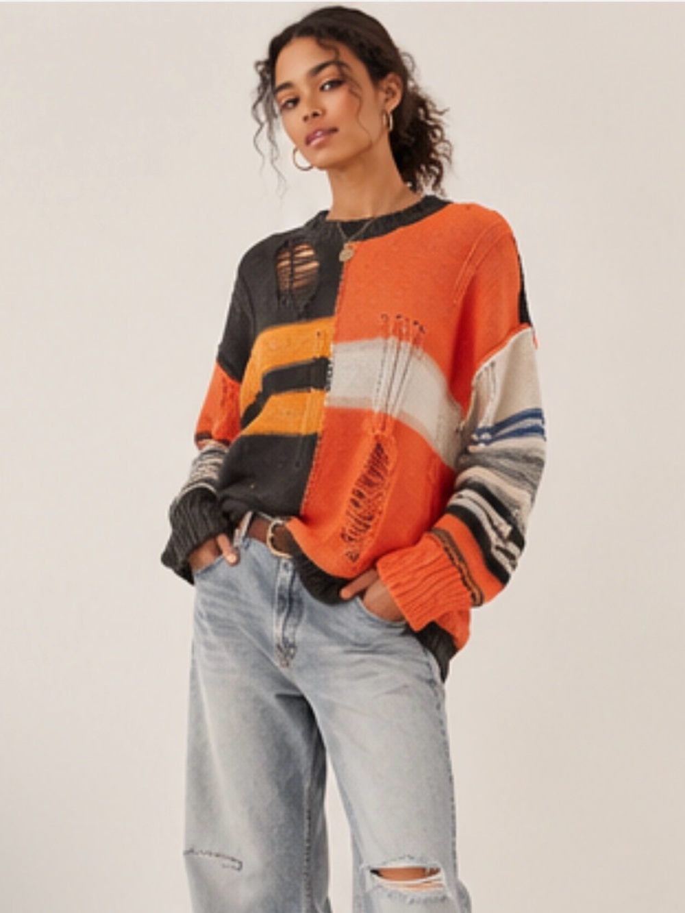 🧡🤎BDG Kurt Distressed Crew Neck Sweater In Orange🤎🧡